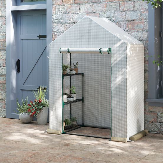 Serre de jardin pe acier 143 x 73 x 195 cm blanche pour semis 2 étagères porte enroulable - comfortxl outdoor living