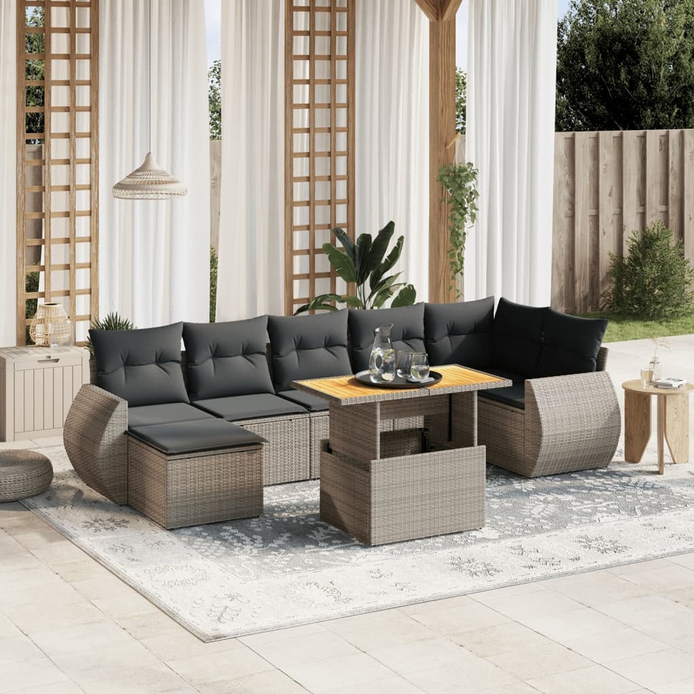 Salon de jardin 8 pcs avec coussins gris résine tressée