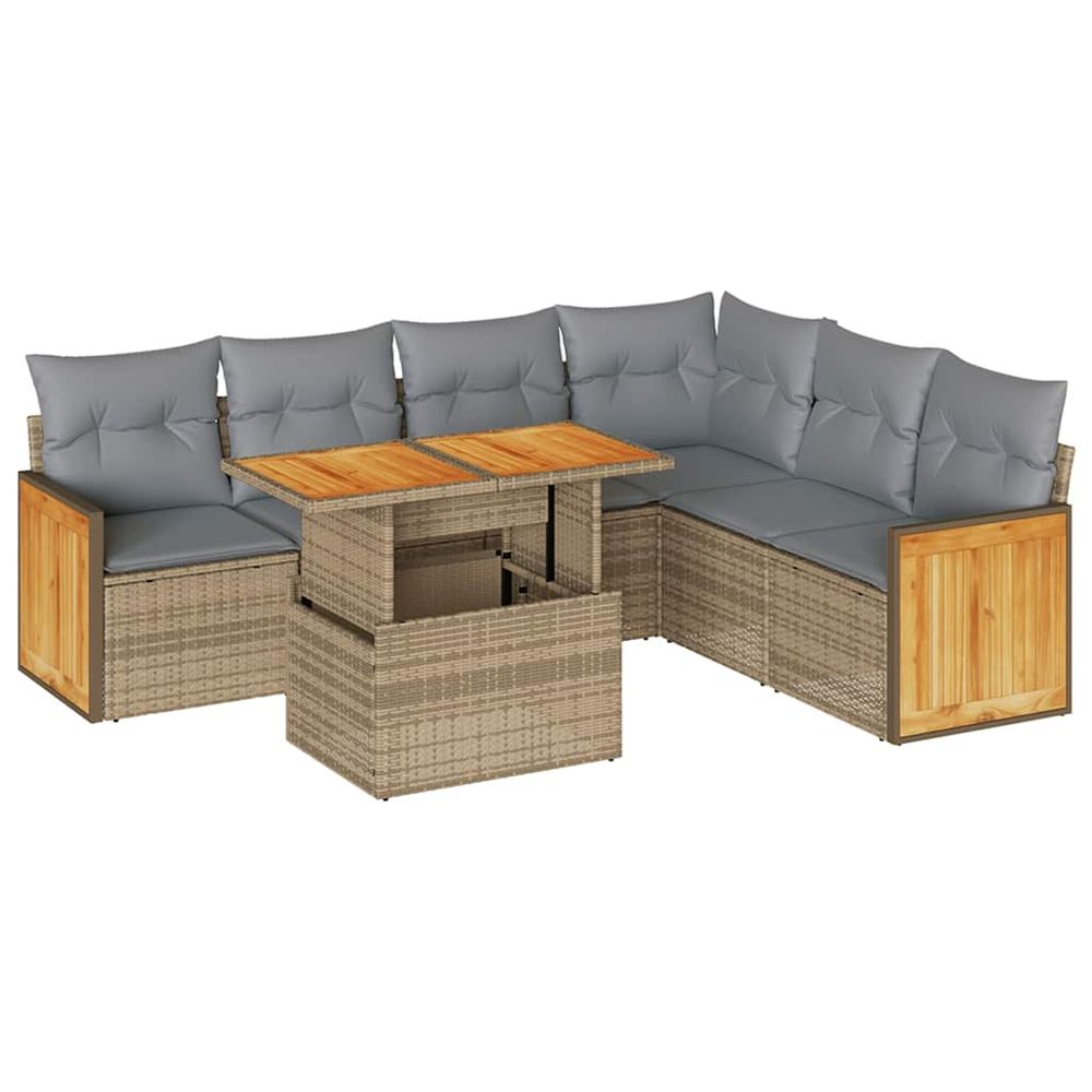 Salon de jardin avec coussins 7 pcs beige résine tressée acacia