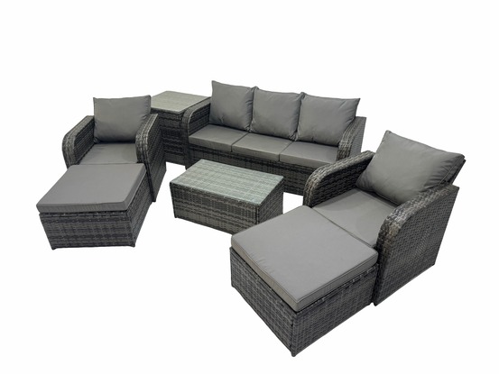 7 places salon de jardin avec table basse rectangulaire 2 grand tabourets canapé 3 places table d'appoint gris foncé mixte