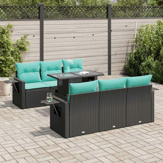 Salon de jardin avec coussins 7pcs noir résine tressée acacia