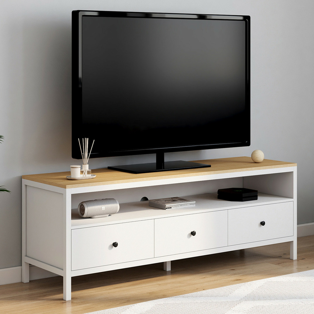 Meuble tv 140 cm achille 3 tiroirs blanc et plateau bois