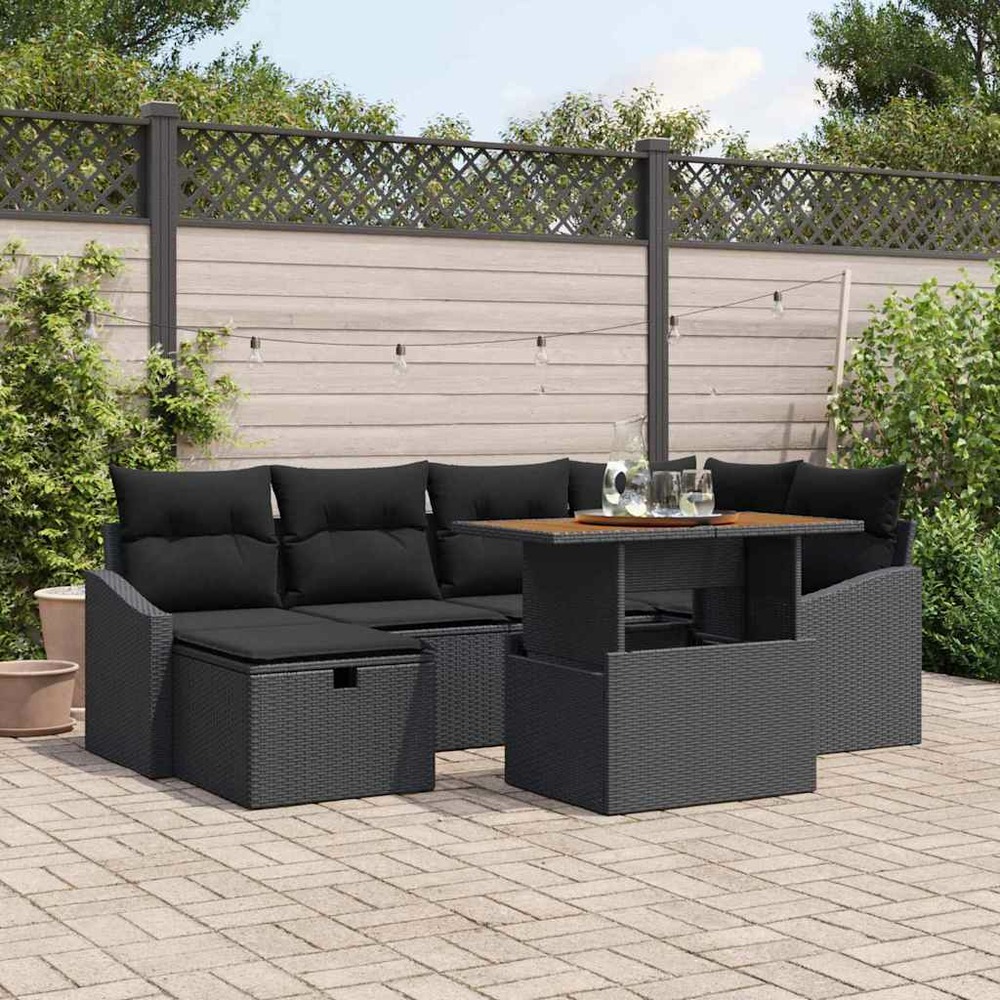 Ensemble de canapé de jardin 7 pcs noir polyrotin