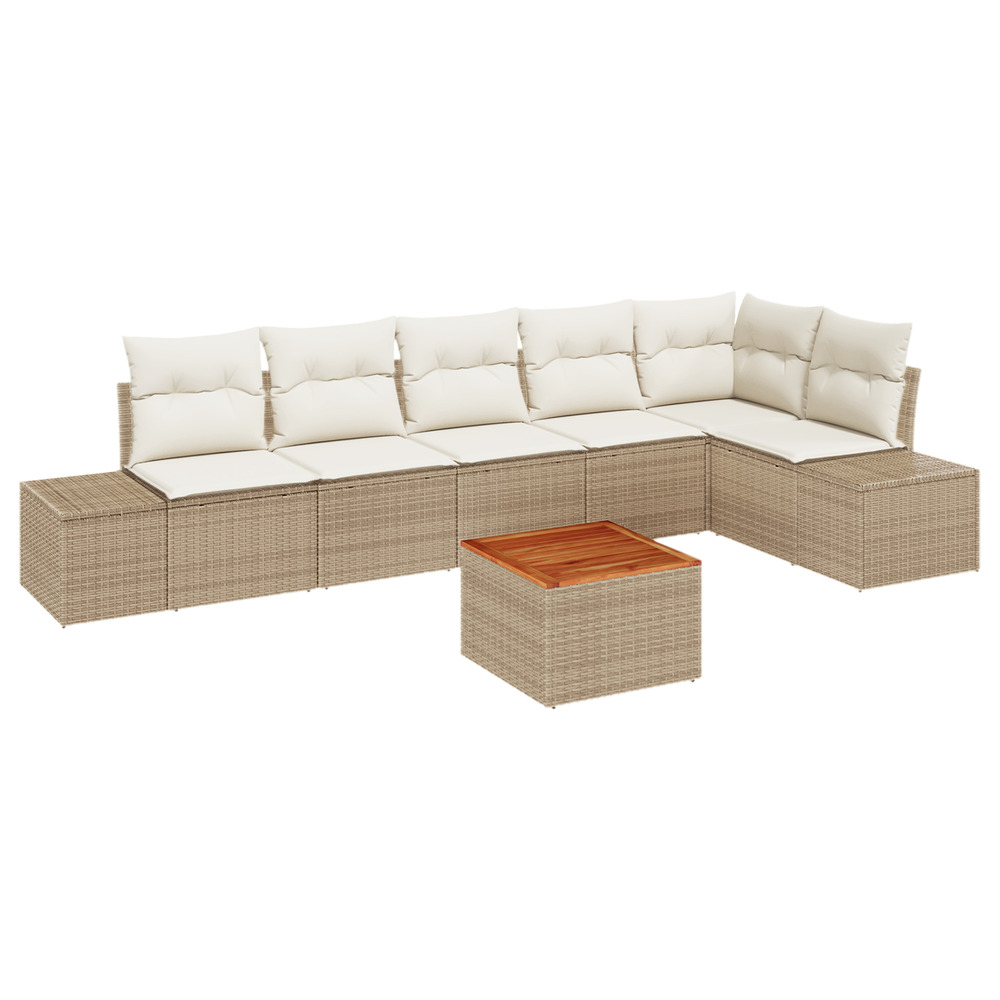 Ensemble de canapé de jardin 7 pièces avec coussins beige poly rotin acacia