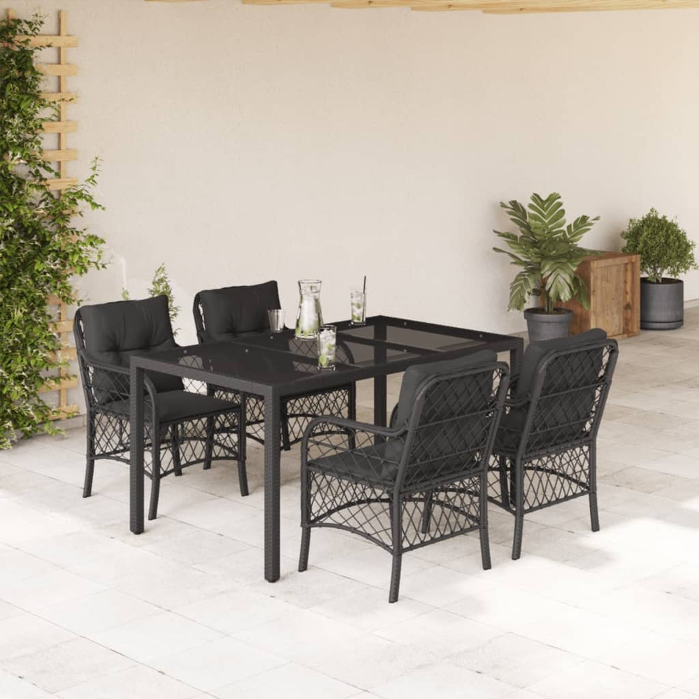 Ensemble à manger de jardin coussins 5pcs noir résine tressée
