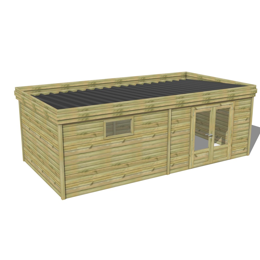 Abri de jardin bois pin traité autoclave 27mm - 7,29x3,44m / 25m2 - bac acier - abri français