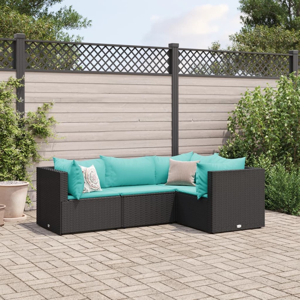 Salon de jardin 4 pcs avec coussins noir résine tressée