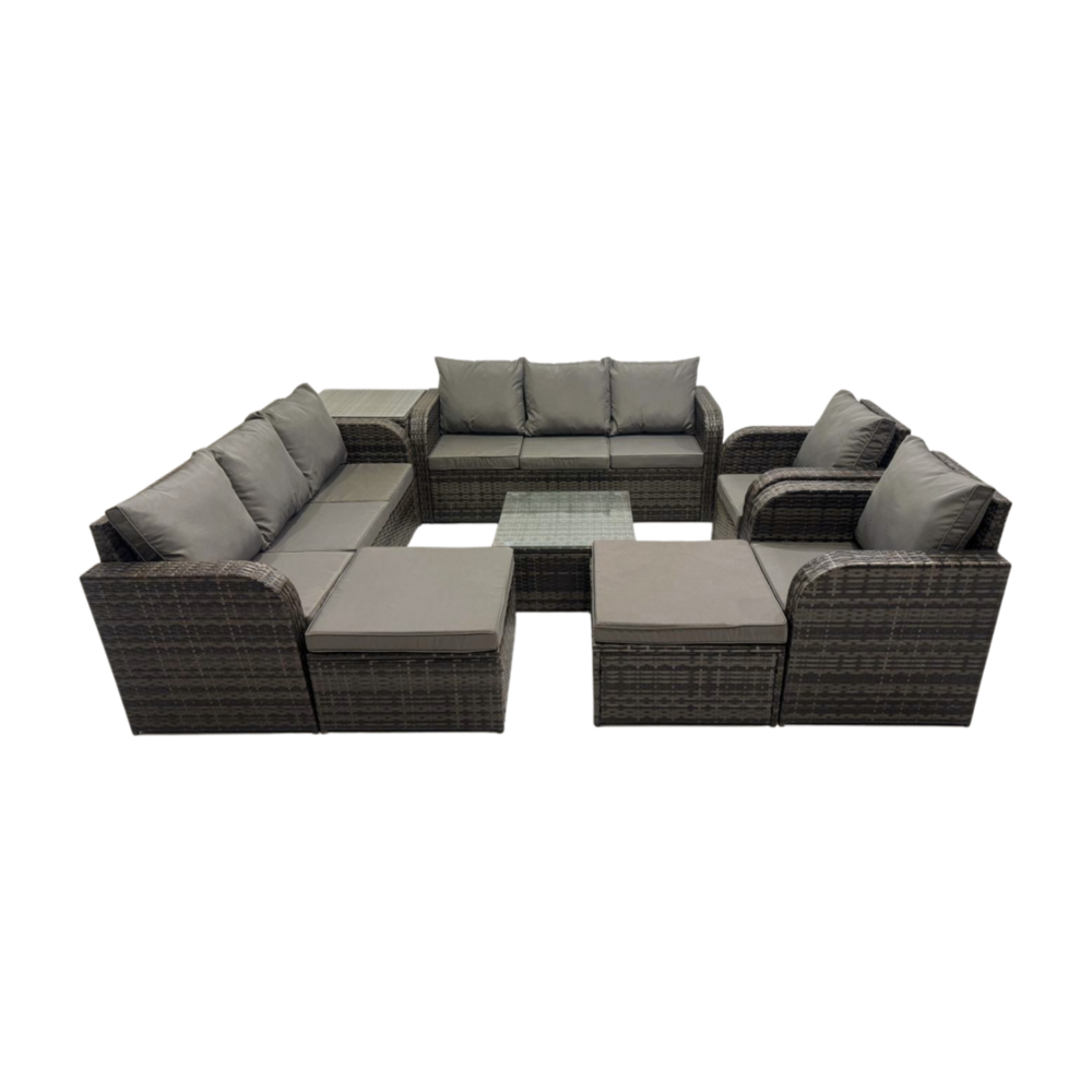 Dossier haut salon de jardin avec table basse carrée 2 grand tabourets table d'appoint ensemble de canapés en rotin