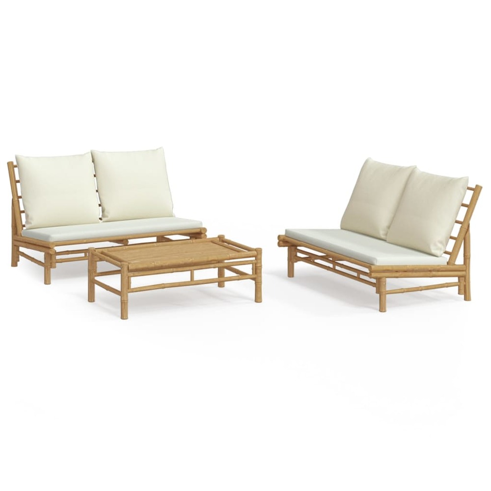 Salon de jardin 3 pcs avec coussins blanc crème bambou