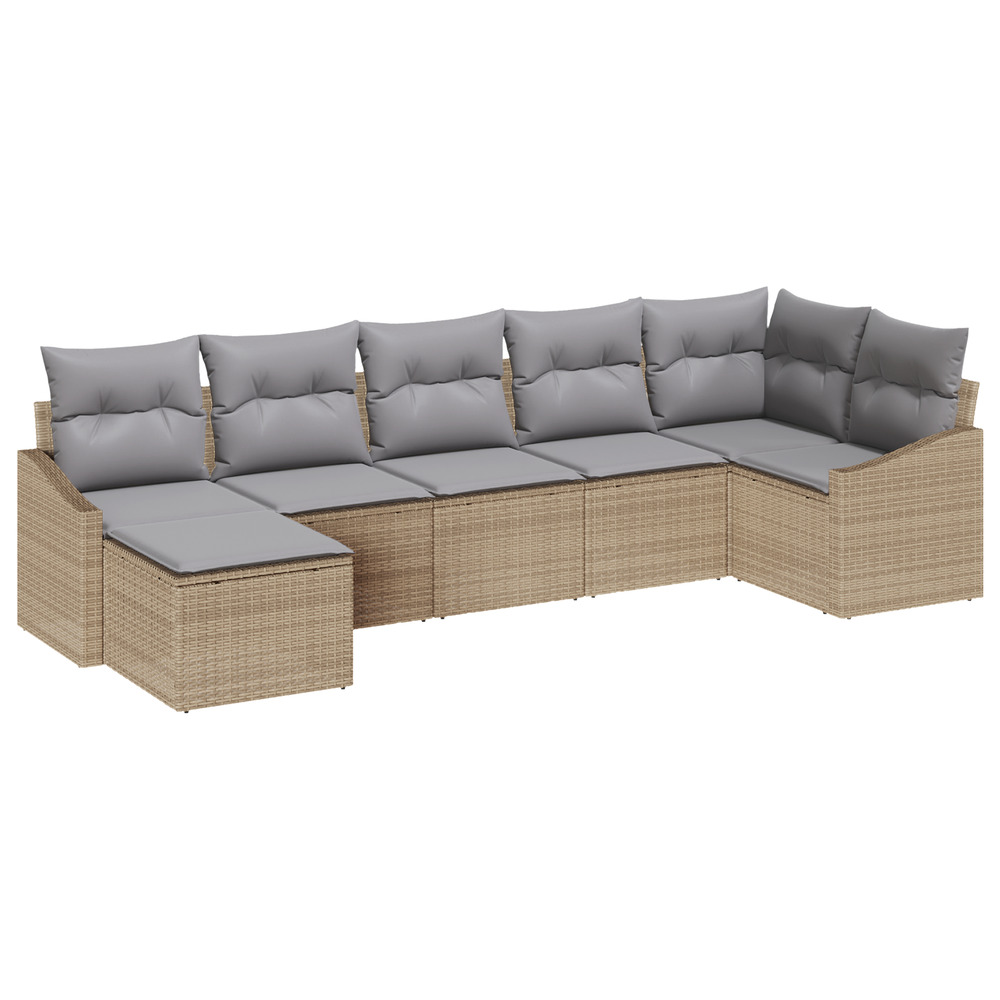 Ensemble de canapé de jardin 7 pièces avec coussins beige poly rattan