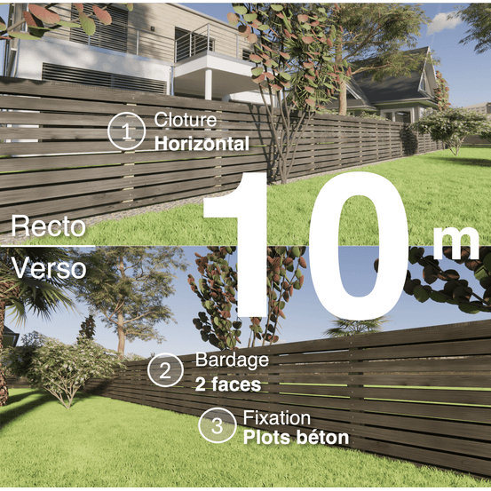 Kit clôture bois moderne 10m – h 0,9m – 20 x 70 mm noir par trempage – pose horizontal – double face – à sceller