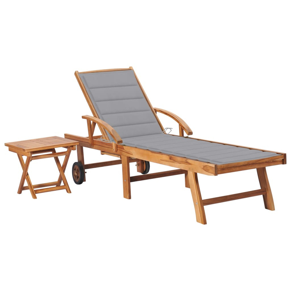Chaise longue avec table et coussin bois de teck solide bain de soleil