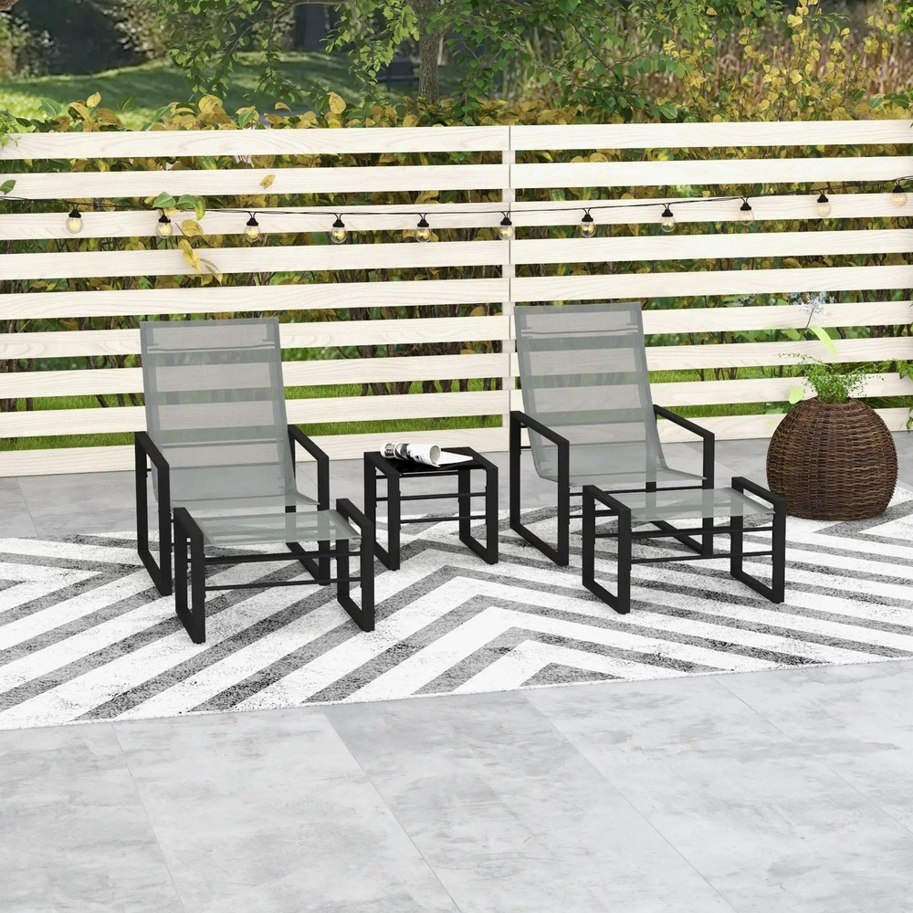 Salon de jardin 5 pièces 2 places avec 2 fauteuils, 2 repose-pied et 1 table, métal noir, assise tissu mesh gris