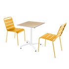 Ensemble table de terrasse stratifié chêne clair et 2 chaises jaune