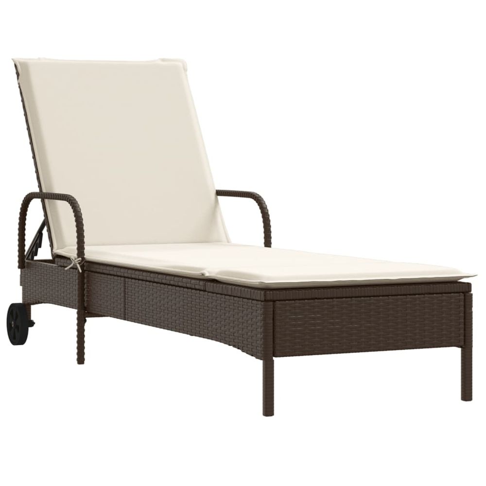 Chaise longue avec roues et coussin marron résine tressée bain de soleil
