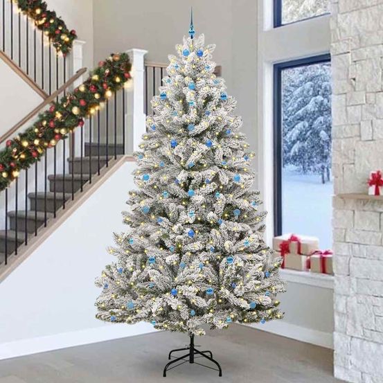 Grand sapin de noël effet neige 3m, kit complet lumineux avec guirlande led et 120 boules