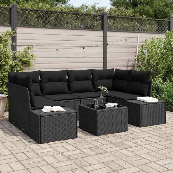 Ensemble de canapé de jardin avec coussin 7 pcs noir polyrotin