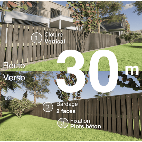 Kit clôture bois moderne 30m – h 0,9m – 20 x 70 mm noir par trempage – pose vertical – double face – à sceller