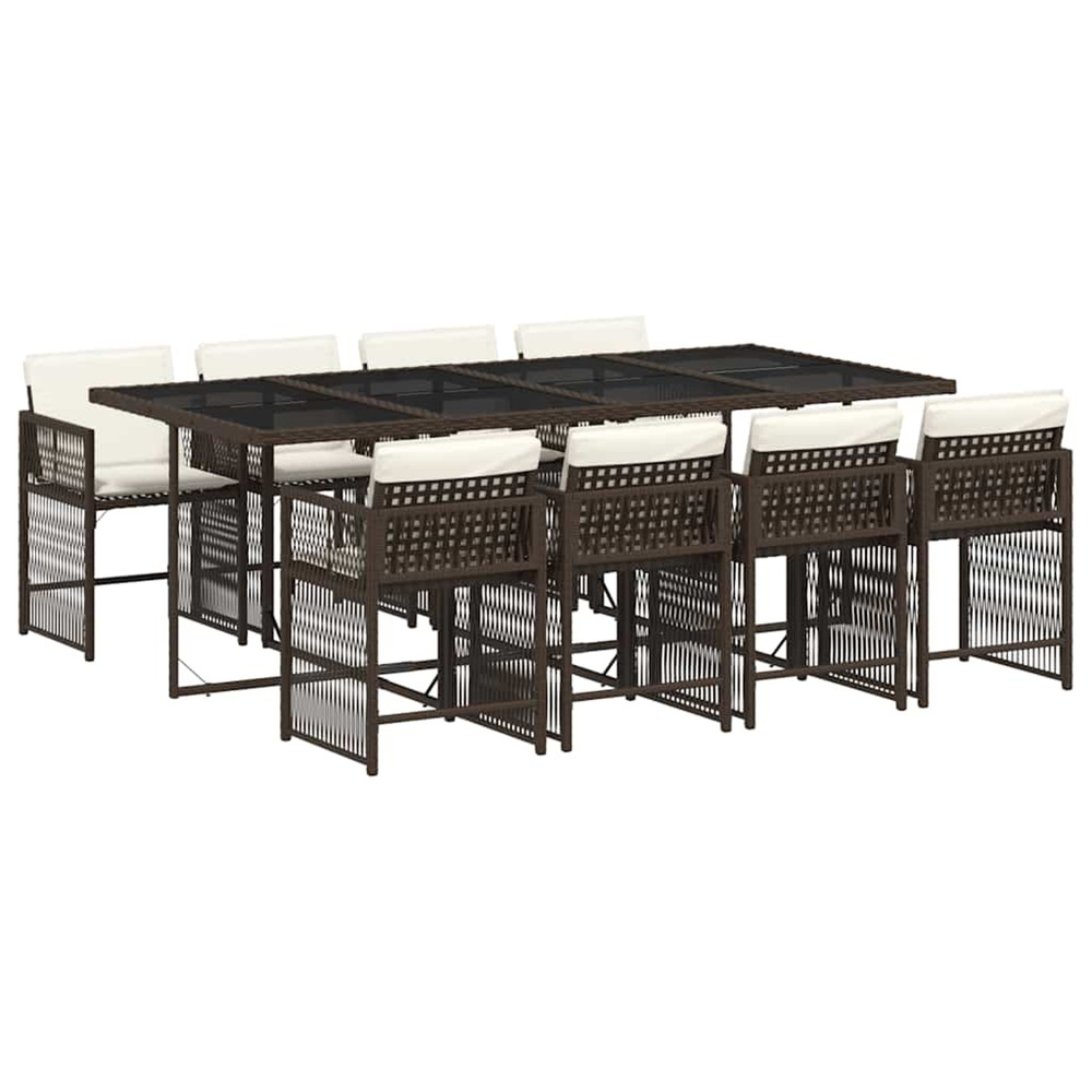 Ensemble à manger de jardin et coussins 9 pcs marron poly rotin