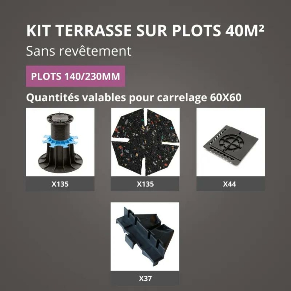 Kit terrasse sur plots sans revêtement 40m² - sans profilé - 140/230 mm - jouplast