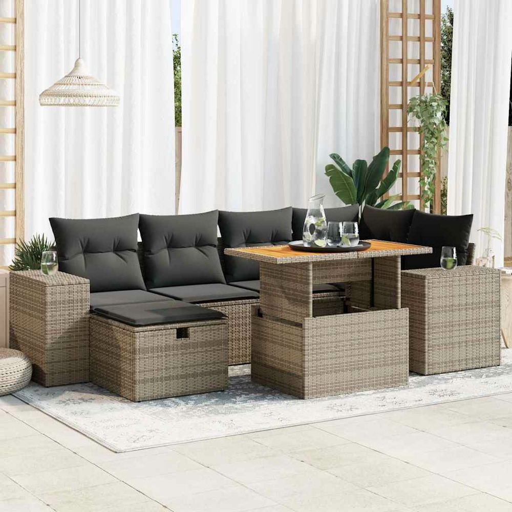 Salon de jardin avec coussins 8 pcs gris résine tressée acacia