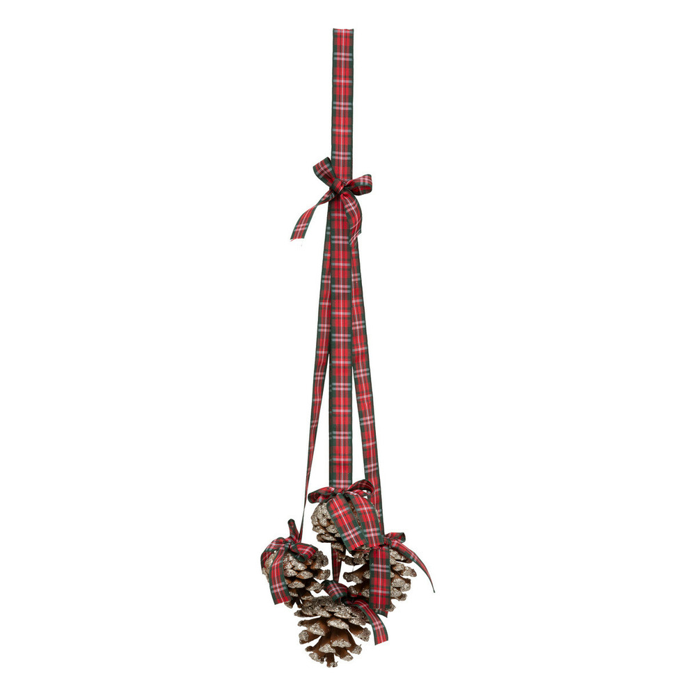 Suspension de noël 4 rubans tartan rouge et vert avec pomme de pin h 45 cm