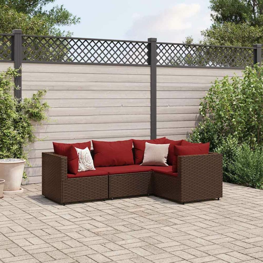 Salon de jardin 4 pcs avec coussins marron résine tressée
