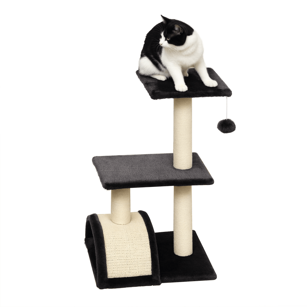 Arbre à chat 3 niveaux en bois avec griffoir sisal et jeu suspendu pour chatons gris foncé