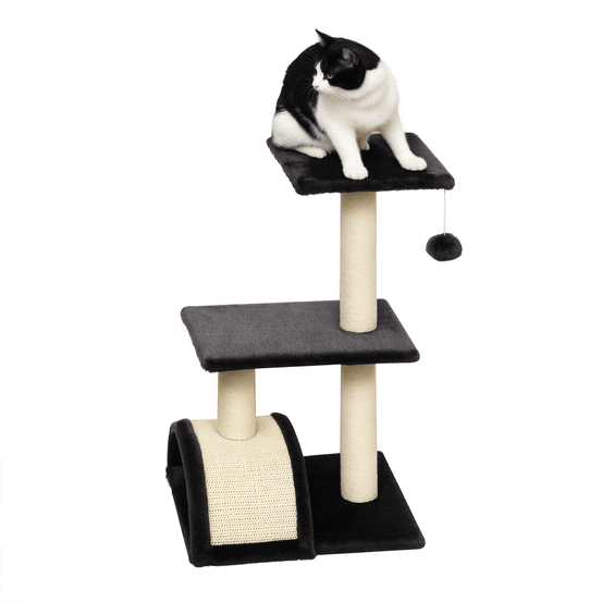 Arbre à chat 3 niveaux en bois avec griffoir sisal et jeu suspendu pour chatons gris foncé
