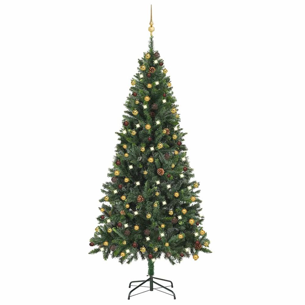 Arbre de noël artificiel pré-éclairé et boules vert 210 cm