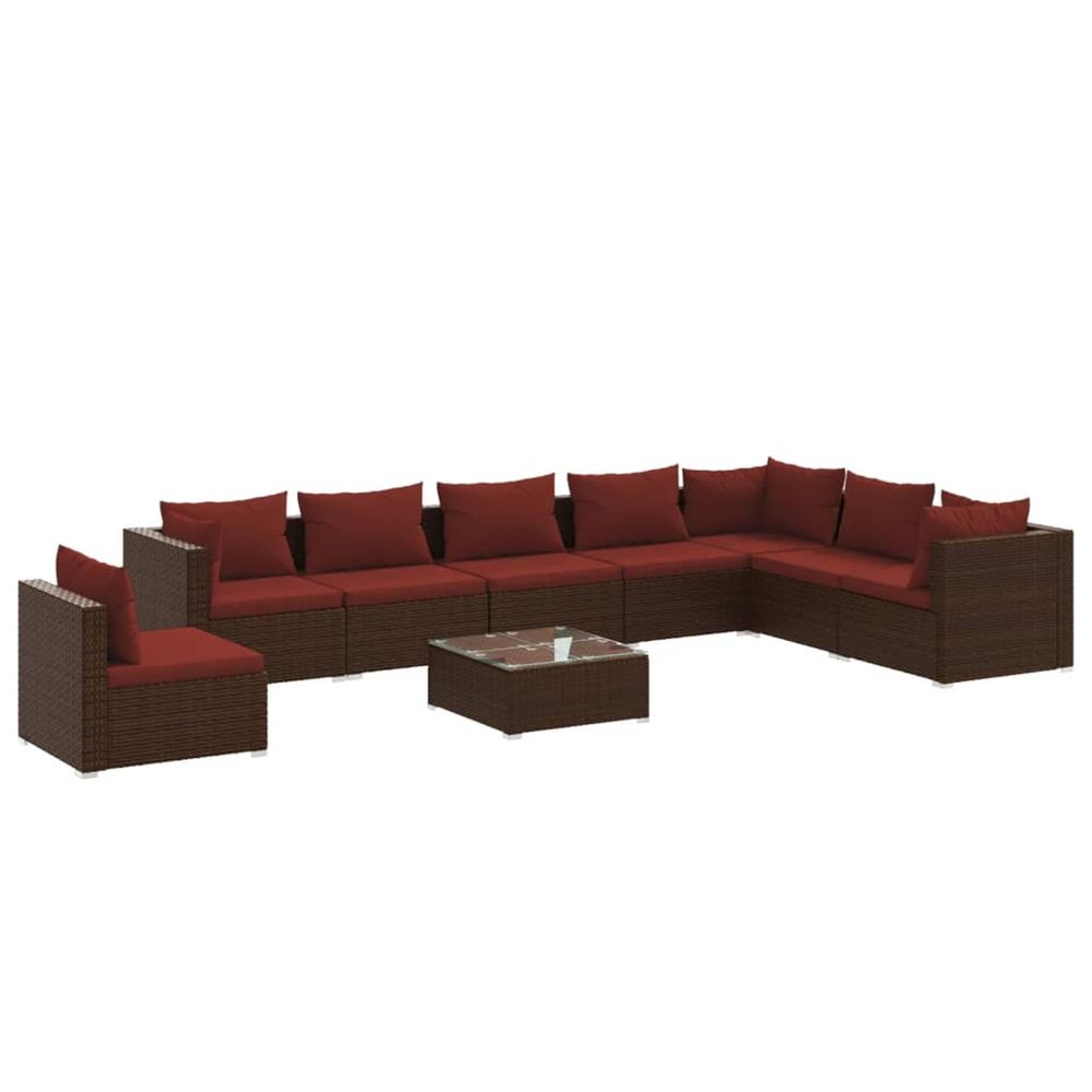 Salon de jardin 9 pcs avec coussins résine tressée marron
