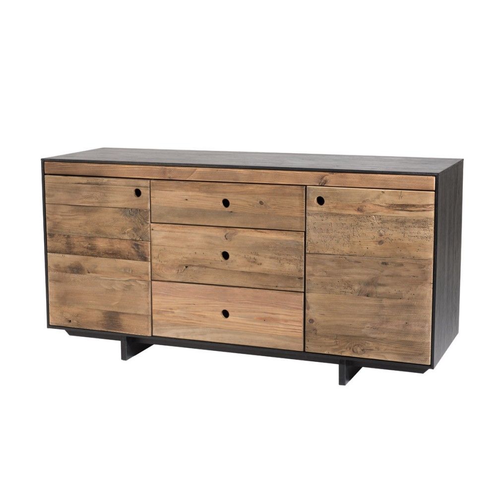 Buffet 2 portes 3 tiroirs en pin recyclé naturel et noir