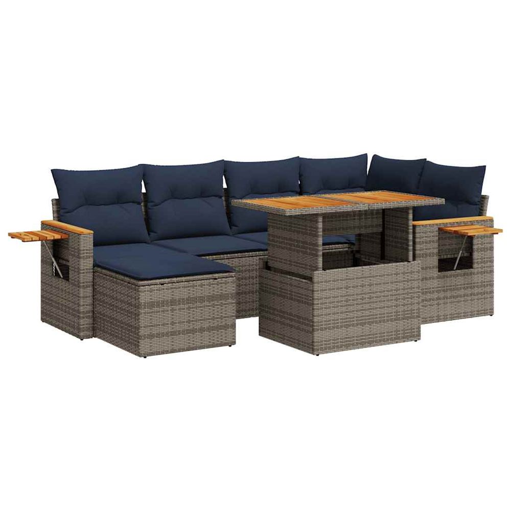 Salon de jardin avec coussins 7 pcs noir résine tressée acacia