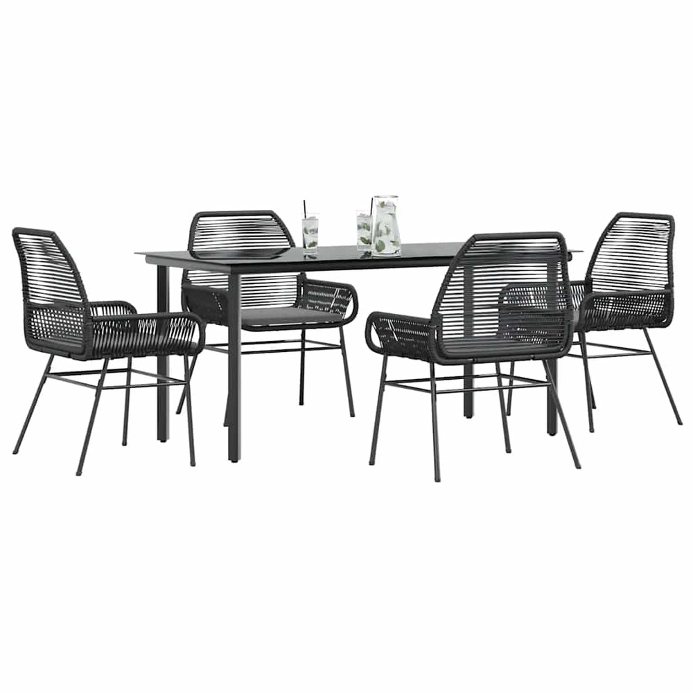 Ensemble à manger de jardin et coussins 5 pcs noir rotin verre
