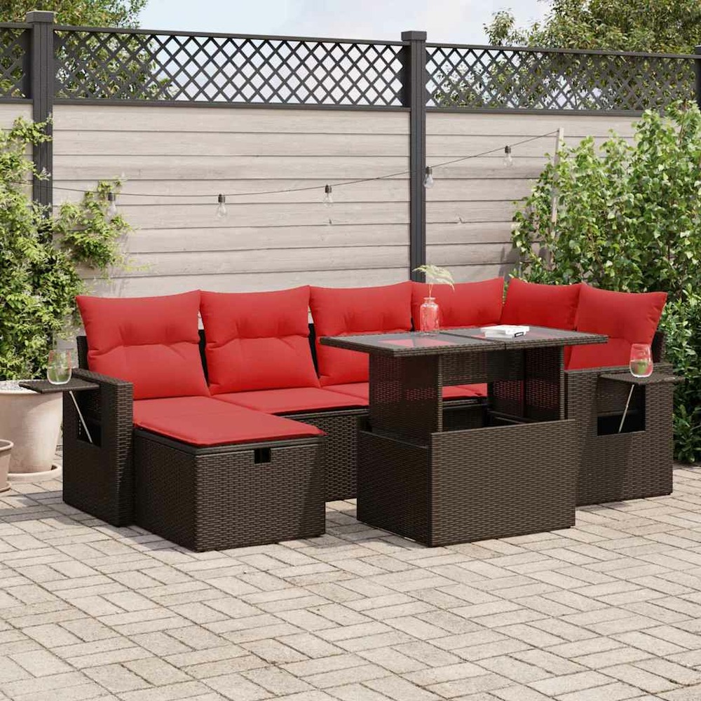Salon de jardin avec coussins 7 pcs marron résine tressée acacia