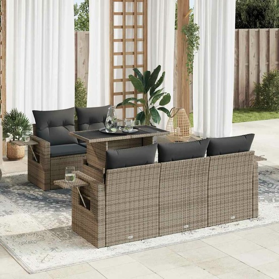 Salon de jardin 6 pcs avec coussins gris résine tressée