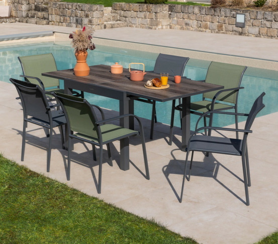 Ensemble table et chaises de jardin - 6 places - anthracite et vert - honfleur beziers chene