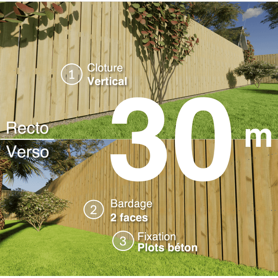Kit clôture bois moderne 30m – h 2,3m – 21 x 145 mm autoclave vert – pose vertical – double face – à sceller