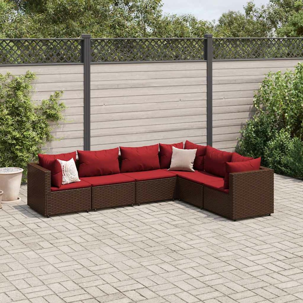 Salon de jardin 6 pcs avec coussins marron résine tressée