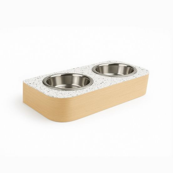 Victoire - set de 2 gamelles pour chien surélevées, support mural en chêne et plateau en pierre naturelle, terrazzo, 47,5x20x10cm