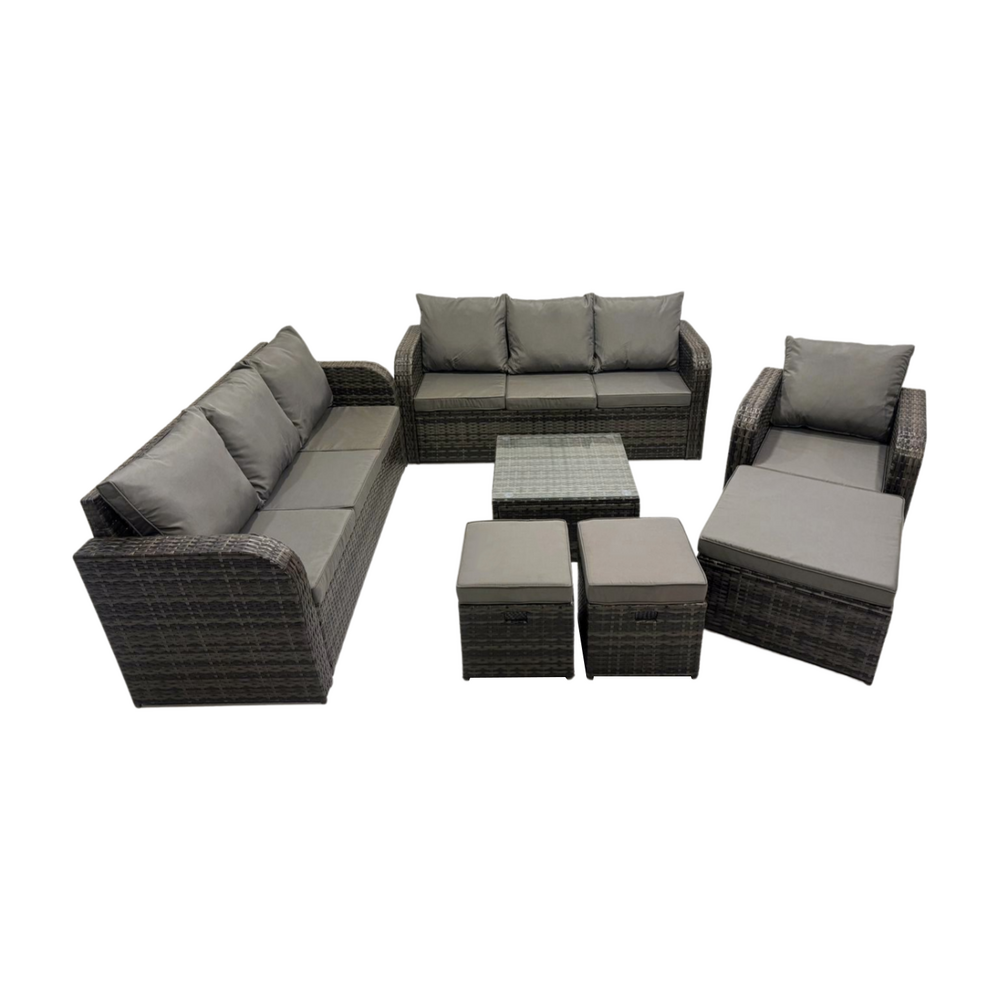 Salon de jardin exterieur avec canapés table basse carrée chaise inclinable 3 tabourets gris foncé mixte