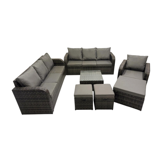 Salon de jardin exterieur avec canapés table basse carrée chaise inclinable 3 tabourets gris foncé mixte