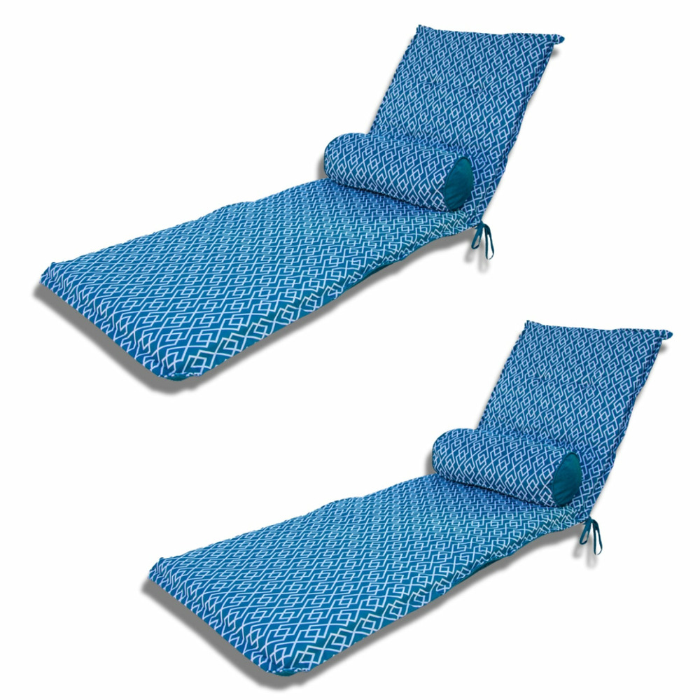 Lot de 2 coussins pour chaise longue & transat 195/60cm + 2 traversin - antiuv et imperméable - motif géométrique vert turquoise
