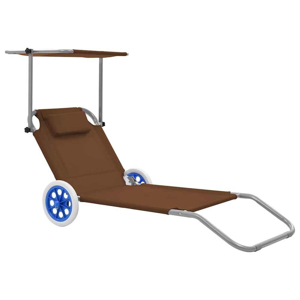 Chaise longue pliable avec auvent et roues acier taupe