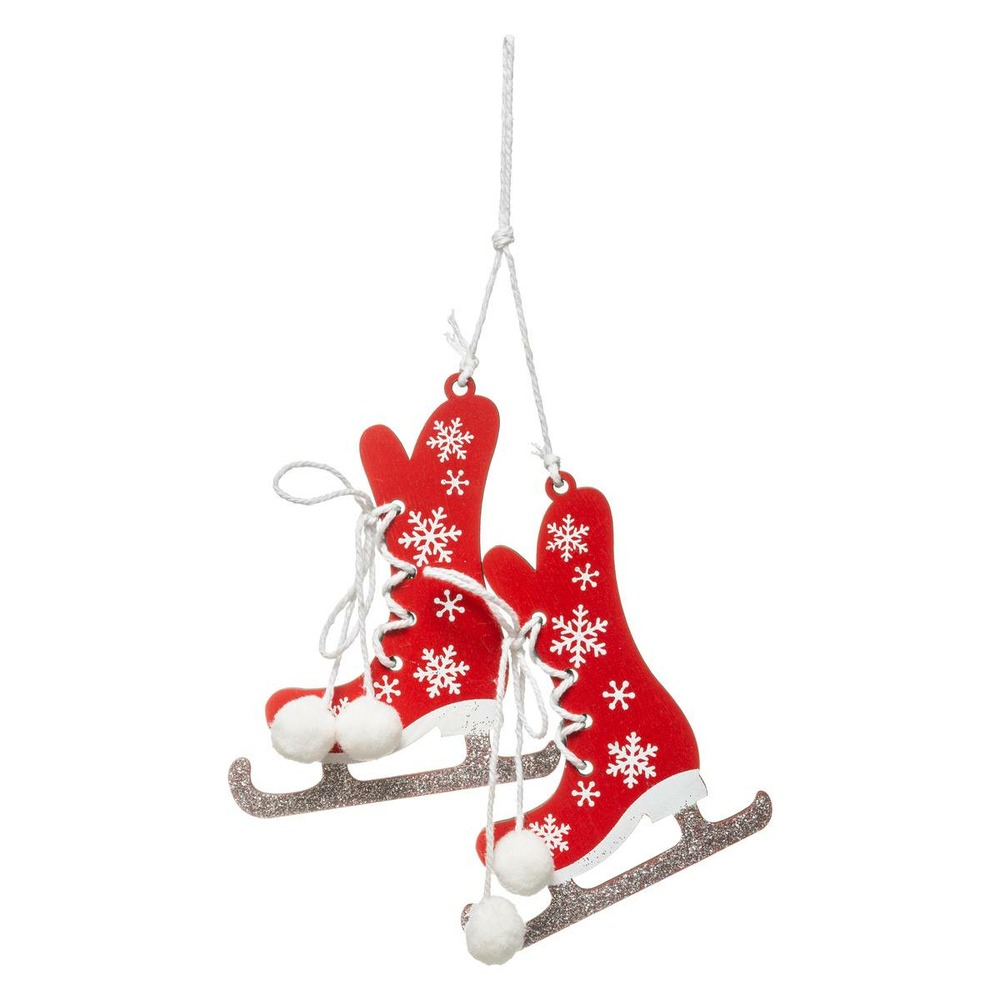 Sujet de noël bois patin rouge argenté 10 cm