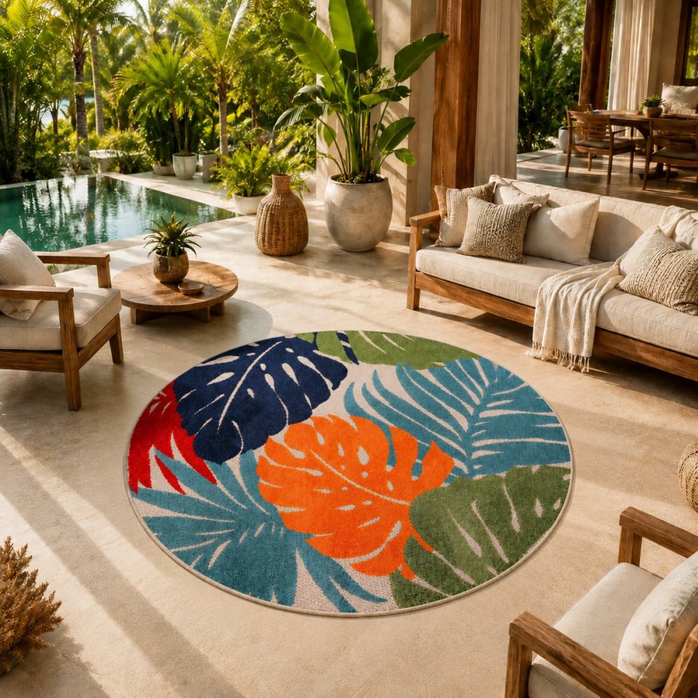 Tapis rond d'extérieur ø120cm tissé kilim bleu et rouge chimeki