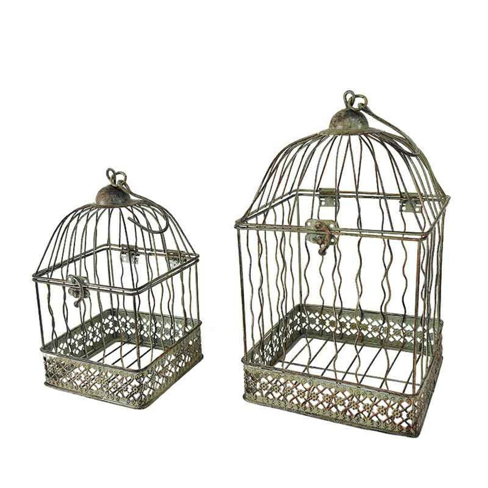 Ensemble 2 cages carrées suspendues vert patiné 18x18x40cm