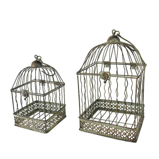 Ensemble 2 cages carrées suspendues vert patiné 18x18x40cm