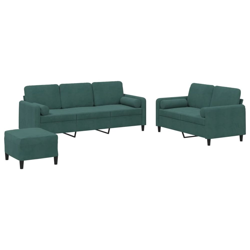 Ensemble de canapés 3 pcs avec coussins vert foncé velours