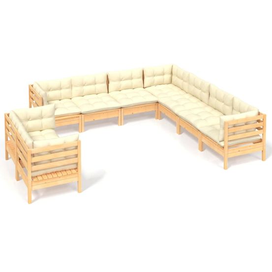 Salon de jardin 9 pcs avec coussins crème bois de pin massif